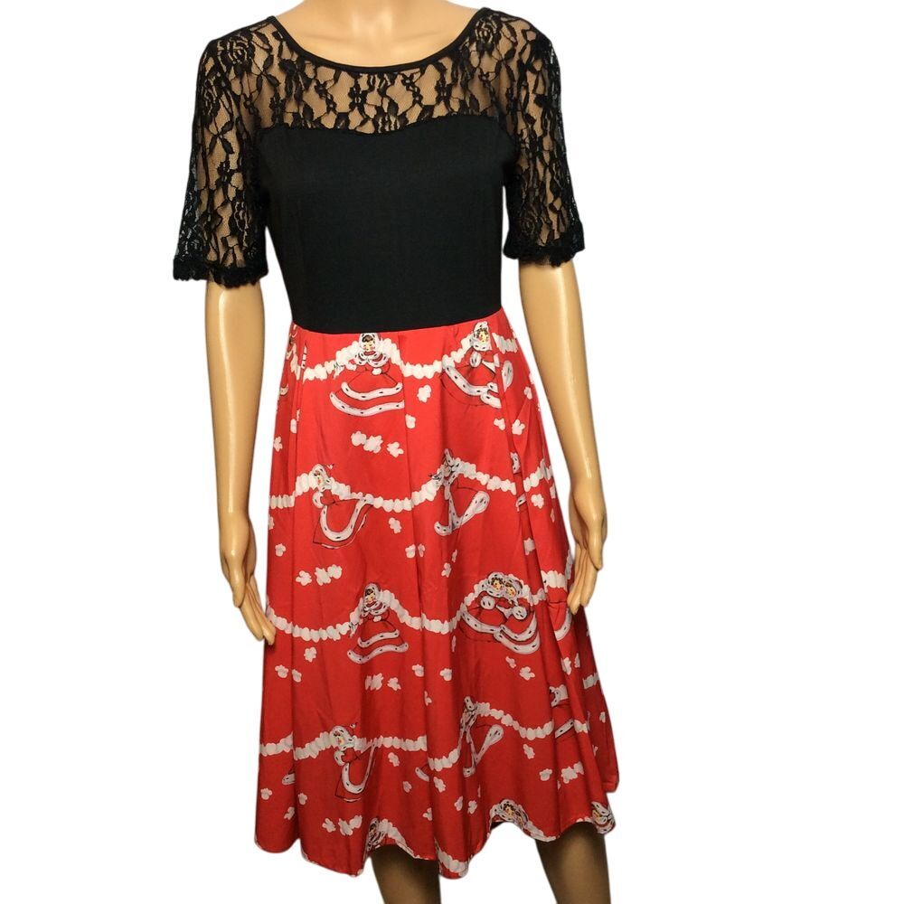 Black Lace Red Snow Girl Christmas Whimsical Print Fit & Flare‎ Party Dress M